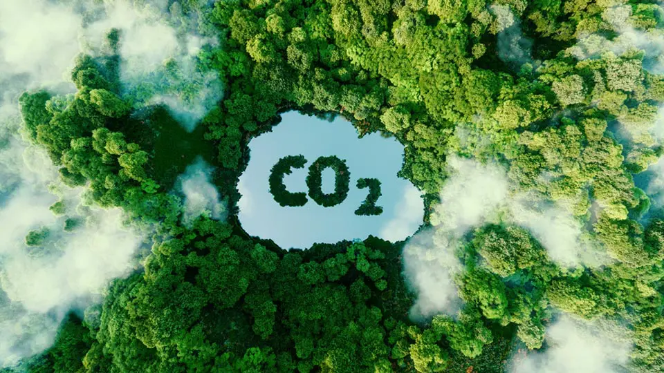 Vista aérea de floresta com lago em formato da molécula de CO₂